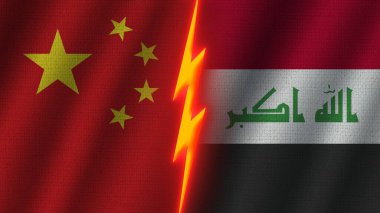 Irak ve Çin Bayrakları Birlikte, Dalgalı Kumaş Doku Efekti, Neon Parıltısı Efekti, Parlayan Gök Gürültüsü Simgesi, Kriz Konsepti, 3D İllüstrasyon