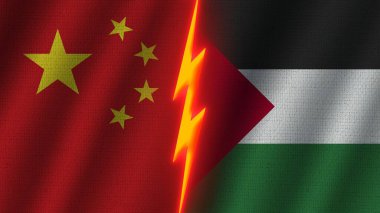 Filistin ve Çin Bayrakları Birlikte, Dalgalı Kumaş Doku Efekti, Neon Parıltısı Efekti, Parlayan Şimşek Simgesi, Kriz Konsepti, 3D İllüstrasyon