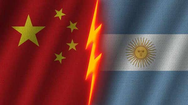 Argentína Kína Zászlók Együtt Hullámos Szövet Textúra Hatás Neon Fényhatás — Stock Fotó