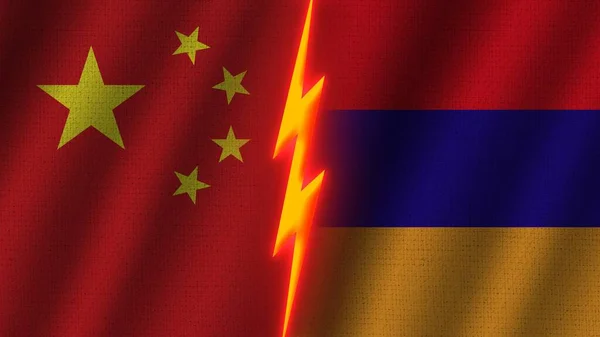 Armenië China Vlaggen Samen Golvend Stof Textuur Effect Neon Gloeiend — Stockfoto