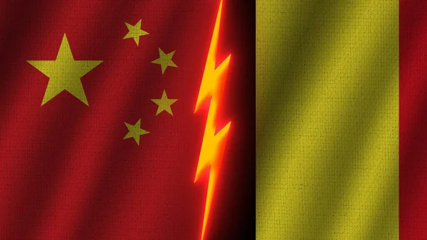 Belçika Çin Bayrakları Birlikte Dalgalı Kumaş Doku Efekti Neon Parıltısı — Stok fotoğraf