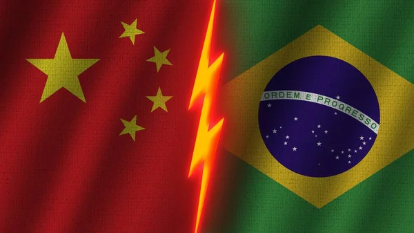 Brazilië China Vlaggen Samen Golvend Stof Textuur Effect Neon Gloeiend — Stockfoto