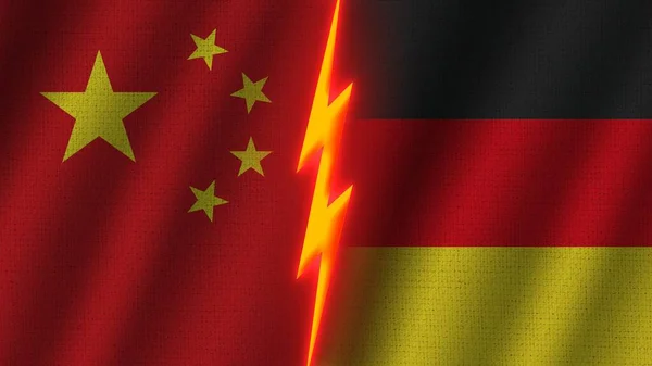 Jerman Dan China Bendera Bersama Wavy Fabric Texture Effect Neon — Stok Foto