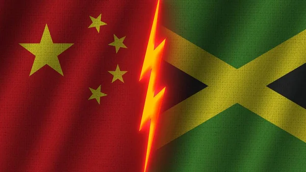 Jamajka Chiny Flagi Razem Efekt Tekstury Tkaniny Falistej Neon Glow — Zdjęcie stockowe
