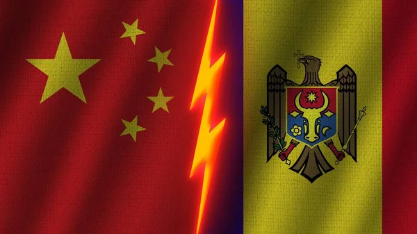 Moldova China Flags Together Wavy Fabric Texture Effect Neon Glow — Stock Photo, Image