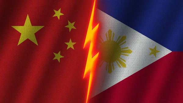 フィリピンと中国の国旗一緒に 波織物テクスチャ効果 ネオングロー効果 輝く雷アイコン 危機の概念 3Dイラスト — ストック写真