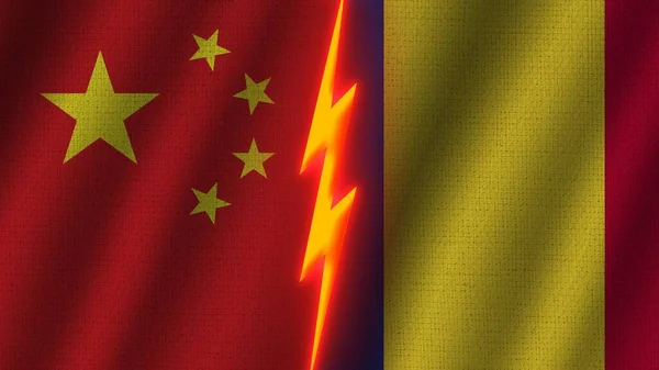 Romania China Flags Together Wavy Fabric Texture Effect Neon Glow — Stock Photo, Image