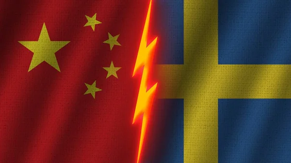 Sweden China Flags Together Wavy Fabric Texture Effect Neon Glow — Stock Photo, Image