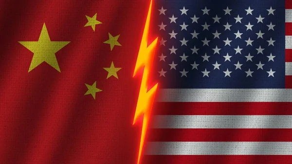 United States America China Flags Together Wavy Fabric Texture Effect — 스톡 사진