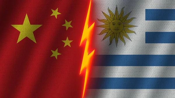 Uruguay China Vlaggen Samen Golvend Stof Textuur Effect Neon Gloeiend — Stockfoto