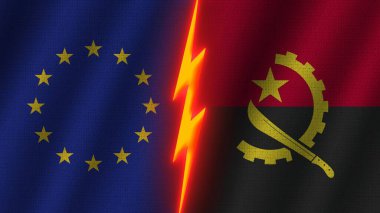 Angola ve Avrupa Birliği Bayrakları Birlikte, Dalgalı Kumaş Doku Efekti, Neon Parıltısı Efekti, Parlayan Şimşek Simgesi, Kriz Konsepti, 3D İllüstrasyon