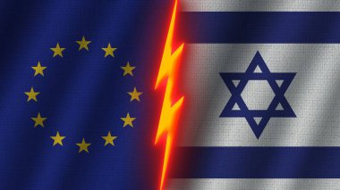 İsrail ve Avrupa Birliği Bayrakları Birlikte, Dalgalı Kumaş Doku Efekti, Neon Parıltısı Efekti, Parlayan Şimşek Simgesi, Kriz Konsepti, 3D İllüstrasyon