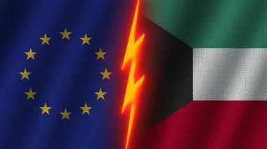 Kuveyt ve Avrupa Birliği Bayrakları Birlikte, Dalgalı Kumaş Doku Efekti, Neon Parıltısı Efekti, Parlayan Şimşek Simgesi, Kriz Konsepti, 3D İllüstrasyon