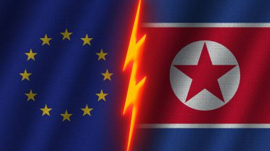 Kuzey Kore ve Avrupa Birliği Bayrakları, Dalgalı Kumaş Doku Efekti, Neon Parıltısı Efekti, Parlayan Şimşek Simgesi, Kriz Konsepti, 3D İllüstrasyon