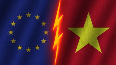 Vietnam ve Avrupa Birliği Bayrakları, Dalgalı Kumaş Doku Efekti, Neon Parıltısı Efekti, Parlayan Şimşek Simgesi, Kriz Konsepti, 3D İllüstrasyon