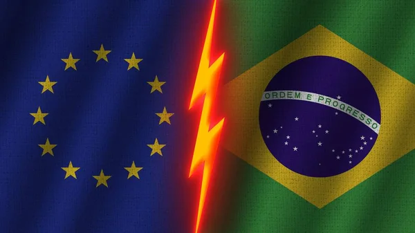 Brazilië Europese Unie Vlaggen Samen Golvend Stof Textuur Effect Neon — Stockfoto