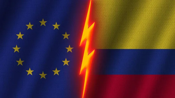 Colombia Och Europeiska Unionen Flaggor Tillsammans Vågigt Tyg Textur Effekt — Stockfoto