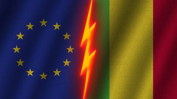 Mali Európai Unió Zászlók Együtt Hullámos Szövet Textúra Hatása Neon — Stock Fotó