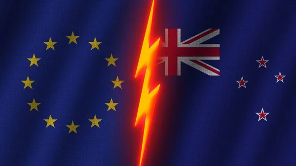 Bandeiras Nova Zelândia União Europeia Juntas Efeito Textura Tecido Ondulado — Fotografia de Stock
