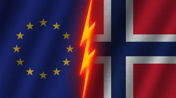 Norway European Union Flags Together Wavy Fabric Texture Effect Neon — Stock Photo, Image