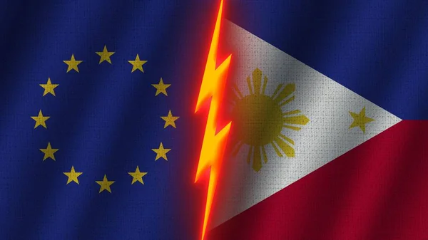 フィリピンと欧州連合の旗一緒に 波織物テクスチャ効果 ネオングロー効果 輝く雷アイコン 危機の概念 3Dイラスト — ストック写真