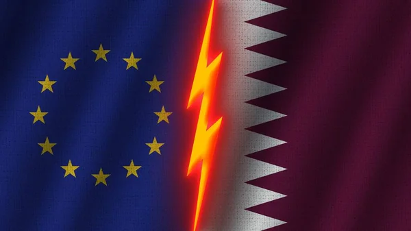 Katar Und Die Europäische Union Flaggen Zusammen Wellengewebe Textur Effekt — Stockfoto