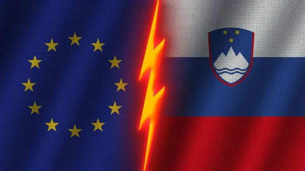 Slovenia European Union Прапори Разом Хвилястий Ефект Текстури Тканин Ефект — стокове фото