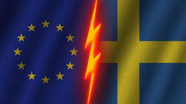 Svédország Európai Unió Zászlók Együtt Hullámos Szövet Textúra Hatása Neon — Stock Fotó