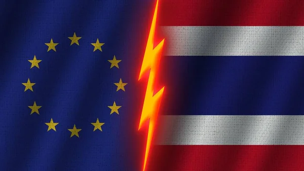 Tailândia União Europeia Bandeiras Juntas Efeito Textura Tecido Ondulado Efeito — Fotografia de Stock