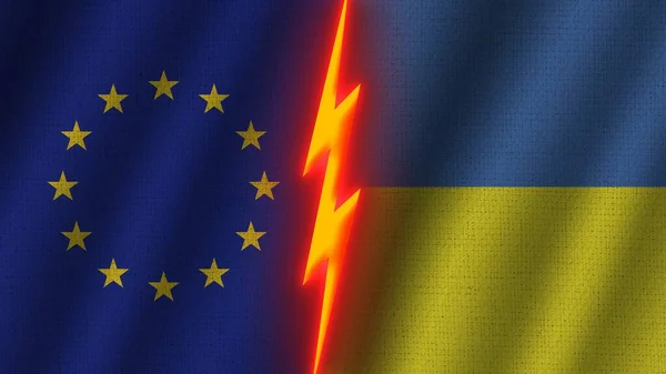 Banderas Ucrania Unión Europea Juntas Efecto Textura Tela Ondulada Efecto —  Fotos de Stock