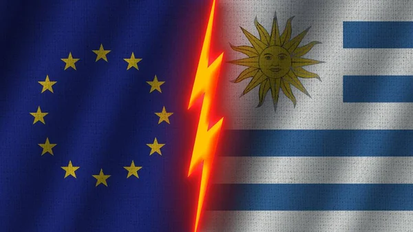 Uruguay Avrupa Birliği Bayrakları Birlikte Dalgalı Kumaş Doku Efekti Neon — Stok fotoğraf
