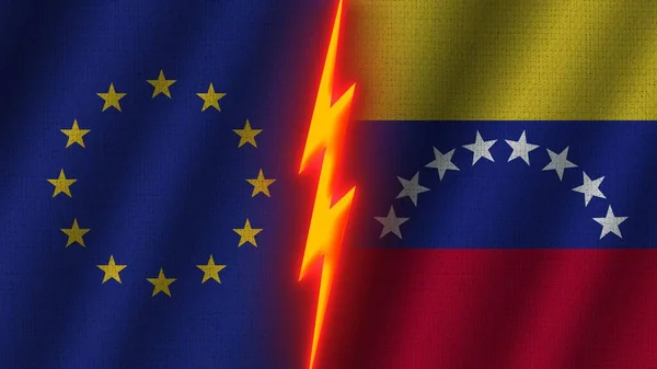 委内瑞拉和欧盟旗帜连在一起 波纹织物效果 霓虹灯效果 闪光雷声图标 危机概念 3D图解 — 图库照片