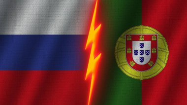 Portekiz ve Rusya Bayrakları Birlikte, Dalgalı Kumaş Doku Efekti, Neon Parıltısı Efekti, Parlayan Şimşek Simgesi, Kriz Konsepti, 3D İllüstrasyon