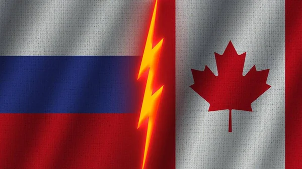 Canada Rusland Vlaggen Samen Golvend Stof Textuur Effect Neon Gloeiend — Stockfoto