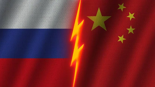 China and Russia Flags Together, Wavy Fabric Texture Effect, Neon Glow Effect, Shining Thunder Icon, Crisis Concept, 3D Illustration