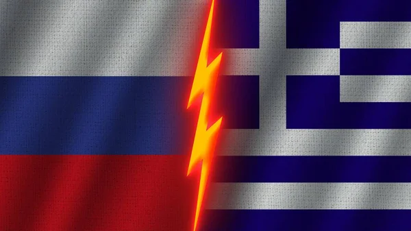 Greece and Russia Flags Together, Wavy Fabric Texture Effect, Neon Glow Effect, Shining Thunder Icon, Crisis Concept, 3D Illustration