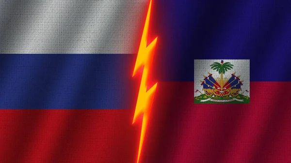 Haïti Russie Drapeaux Ensemble Effet Texture Tissu Ondulé Effet Lueur — Photo
