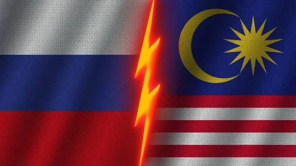 Malaysia Russia Flags Together Wavy Fabric Texture Effect Neon Glow — 스톡 사진