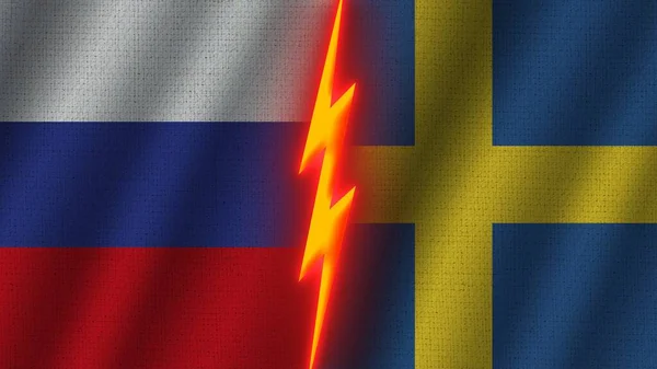 スウェーデンとロシアの国旗一緒に 波織物テクスチャ効果 ネオングロー効果 輝く雷アイコン 危機の概念 3Dイラスト — ストック写真