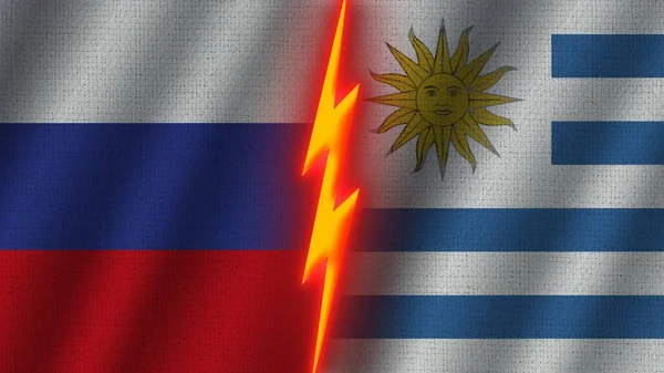 Uruguay Russia Bandiere Insieme Tessuto Ondulato Texture Effetto Neon Glow — Foto Stock