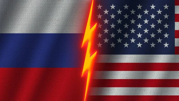 Amerika Birleşik Devletleri Rusya Bayrakları Birlikte Dalgalı Kumaş Doku Efekti — Stok fotoğraf