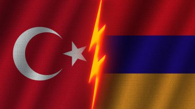 Ermenistan ve Türkiye Bayrakları Birlikte, Dalgalı Kumaş Doku Efekti, Neon Parıltısı Efekti, Parlayan Şimşek Simgesi, Kriz Konsepti, 3D İllüstrasyon