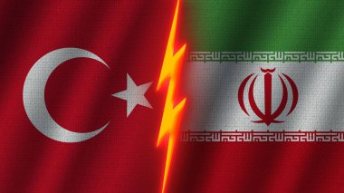 İran ve Türkiye Bayrakları Birlikte, Dalgalı Kumaş Doku Efekti, Neon Parıltısı Efekti, Parlayan Şimşek Simgesi, Kriz Konsepti, 3D İllüstrasyon