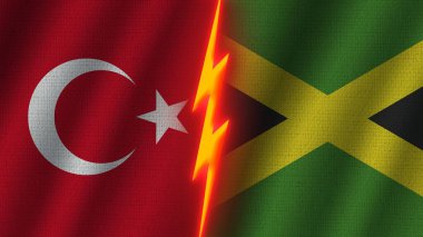 Jamaika ve Türkiye Bayrakları Birlikte, Dalgalı Kumaş Doku Efekti, Neon Parıltısı Efekti, Parlayan Şimşek Simgesi, Kriz Konsepti, 3D İllüstrasyon
