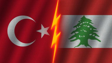 Lübnan ve Türkiye Bayrakları Birlikte, Dalgalı Kumaş Doku Efekti, Neon Parıltısı Efekti, Parlayan Şimşek Simgesi, Kriz Konsepti, 3D İllüstrasyon