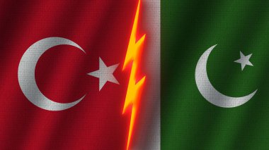 Pakistan ve Türkiye Bayrakları Birlikte, Dalgalı Kumaş Doku Efekti, Neon Parıltısı Efekti, Parlayan Gök Gürültüsü Simgesi, Kriz Konsepti, 3D İllüstrasyon