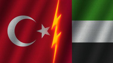 Birleşik Arap Emirlikleri ve Türkiye Bayrakları Birlikte, Dalgalı Kumaş Doku Efekti, Neon Parıltısı Efekti, Parlayan Şimşek Simgesi, Kriz Konsepti, 3D İllüstrasyon