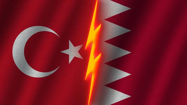 Banderas Bahréin Turquía Juntas Efecto Textura Tela Ondulada Efecto Brillo — Foto de Stock