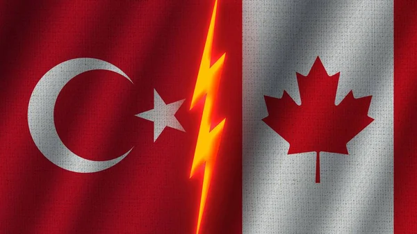 Kanada Und Türkei Flaggen Zusammen Wellengewebe Textur Effekt Neon Glow — Stockfoto