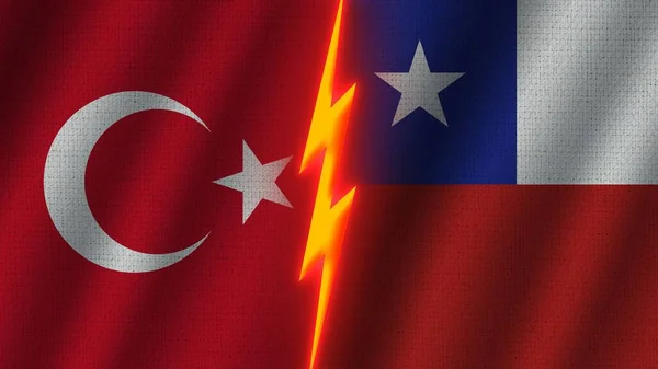 Şili Türkiye Bayrakları Birlikte Dalgalı Kumaş Doku Efekti Neon Parıltısı — Stok fotoğraf